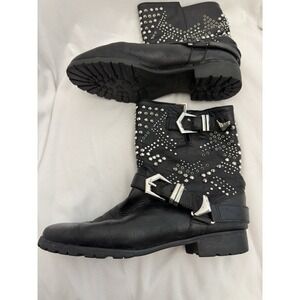Zara Women's Silver Studded Black‎ 100%Cow Leather Buckle Ankle Boots Sz 39/~8US